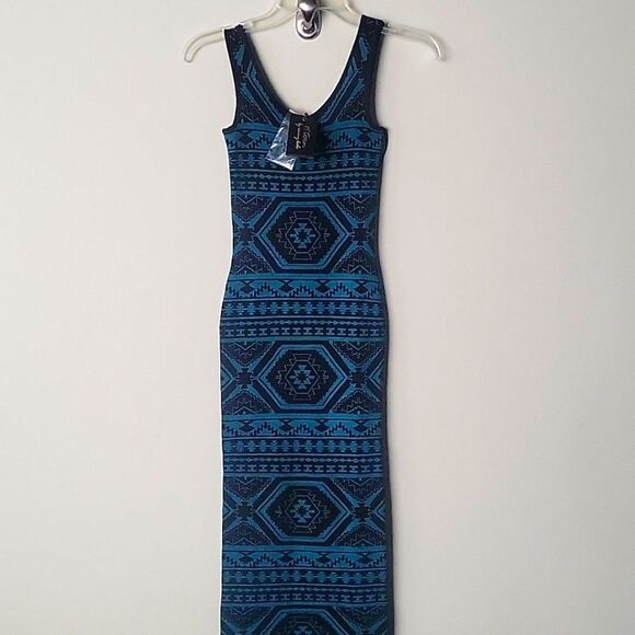 NWT Torn Ronny Kobo XS Amelie Maxi Bodycon Dress Teal fitted Stretchy Sexy Boho - Picture 3 of 12